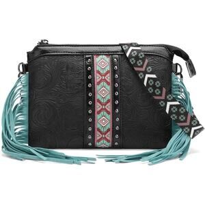 Black Tooled Faux Leather Turquoise Fringe Tassel Studded Aztec Boho Western Bag